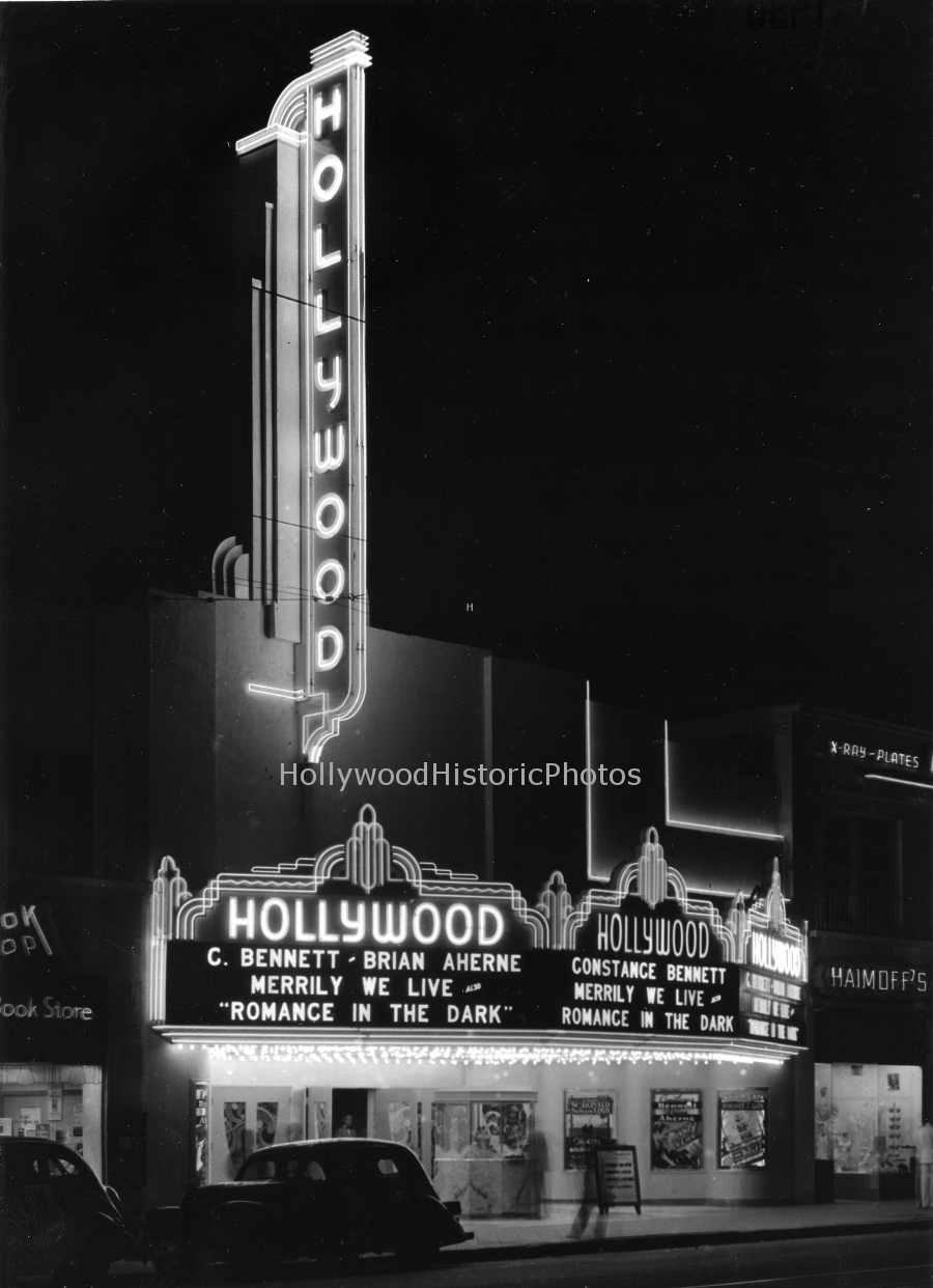 Hollywood Theatre 1938 6764 Hollywood Blvd. Showing a double feature Merrily We Live and Romance in The Dark wm.jpg